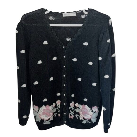 Vintage Style Womens Cardigan With Floral Pattern Button Front Black/White S - Picture 1 of 7